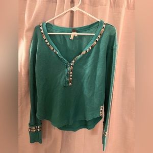 🔥SALE🔥 Free People S Green Rainbow Trim Henley Top Vintage Retro Super Sexy!